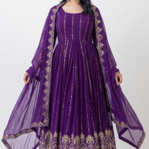 Royal Purple Anarkali Suit with Gold Zari Embroidery & Dupatta – Festive Ethnic Wear for Women