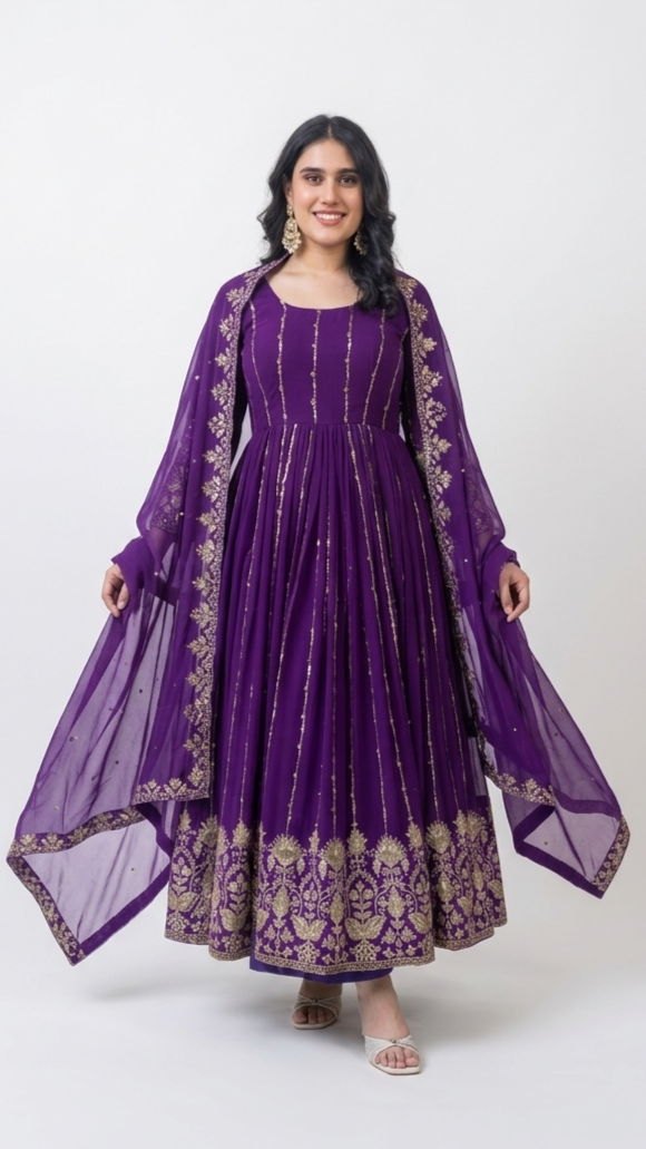 Royal Purple Anarkali Suit with Gold Zari Embroidery & Dupatta – Festive Ethnic Wear for Women