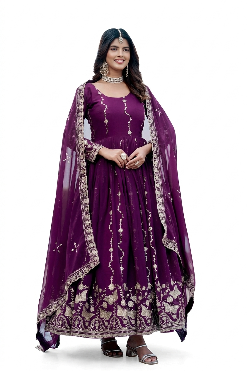 Heavy Embroidered Fox Georgette Anarkali Gown with Dupatta – Butterfly & Floral Zari Work | Festival & Wedding Wear | Available in Wine & Teal Blue