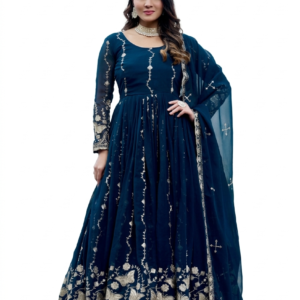 Heavy Embroidered Fox Georgette Anarkali Gown with Dupatta – Butterfly & Floral Zari Work | Festival & Wedding Wear | Available in Teal Blue & Wine